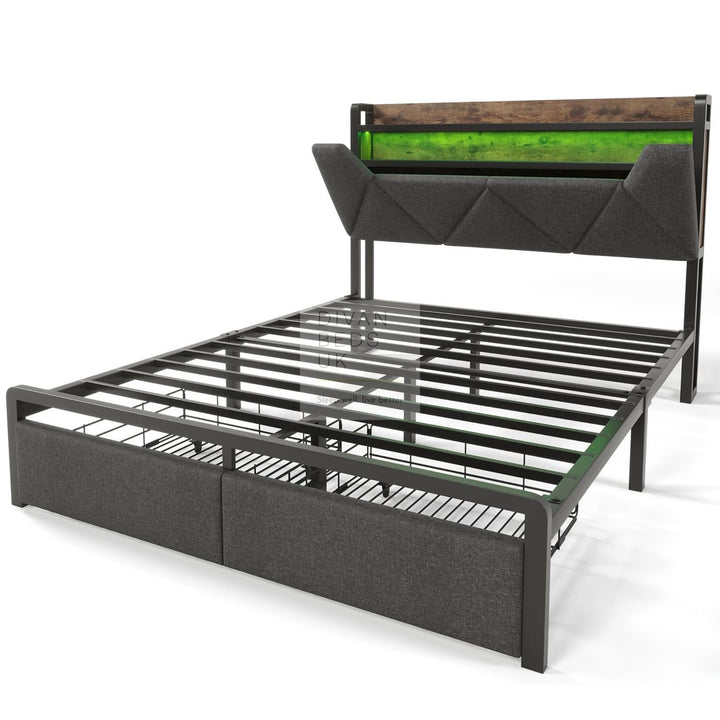 Cagliari Charcoal Grey Linen 2 Drawer Storage Bed with LED Lights, Type C and USB Charging Headboard Storage Shelf