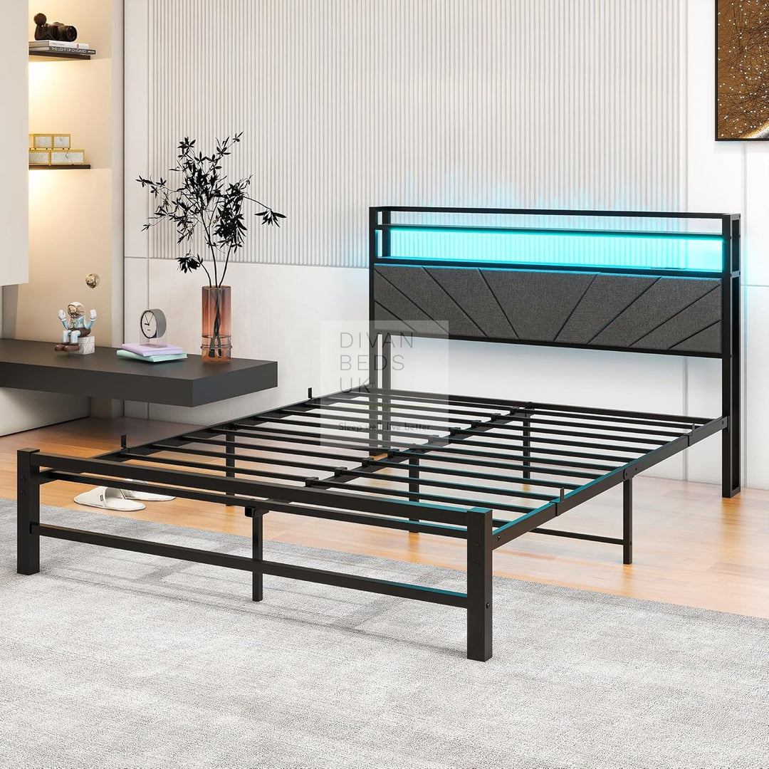 Cesena Grey Linen Smart Metal Bed with Storage LED Headboard, Shelves, Power Outlet, USB Charging & Optional Drawers