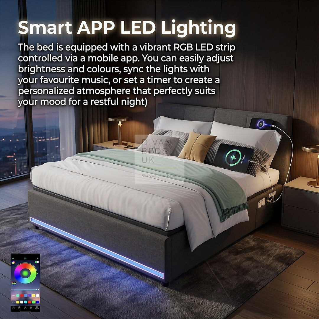 Castanea Smart LED Grey Linen Ottoman Gas Lift Storage Bed Base with USB Type C Charging Ports