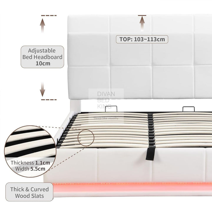 Dario White Leather LED Ottoman Storage Bed with Adjustable Headboard