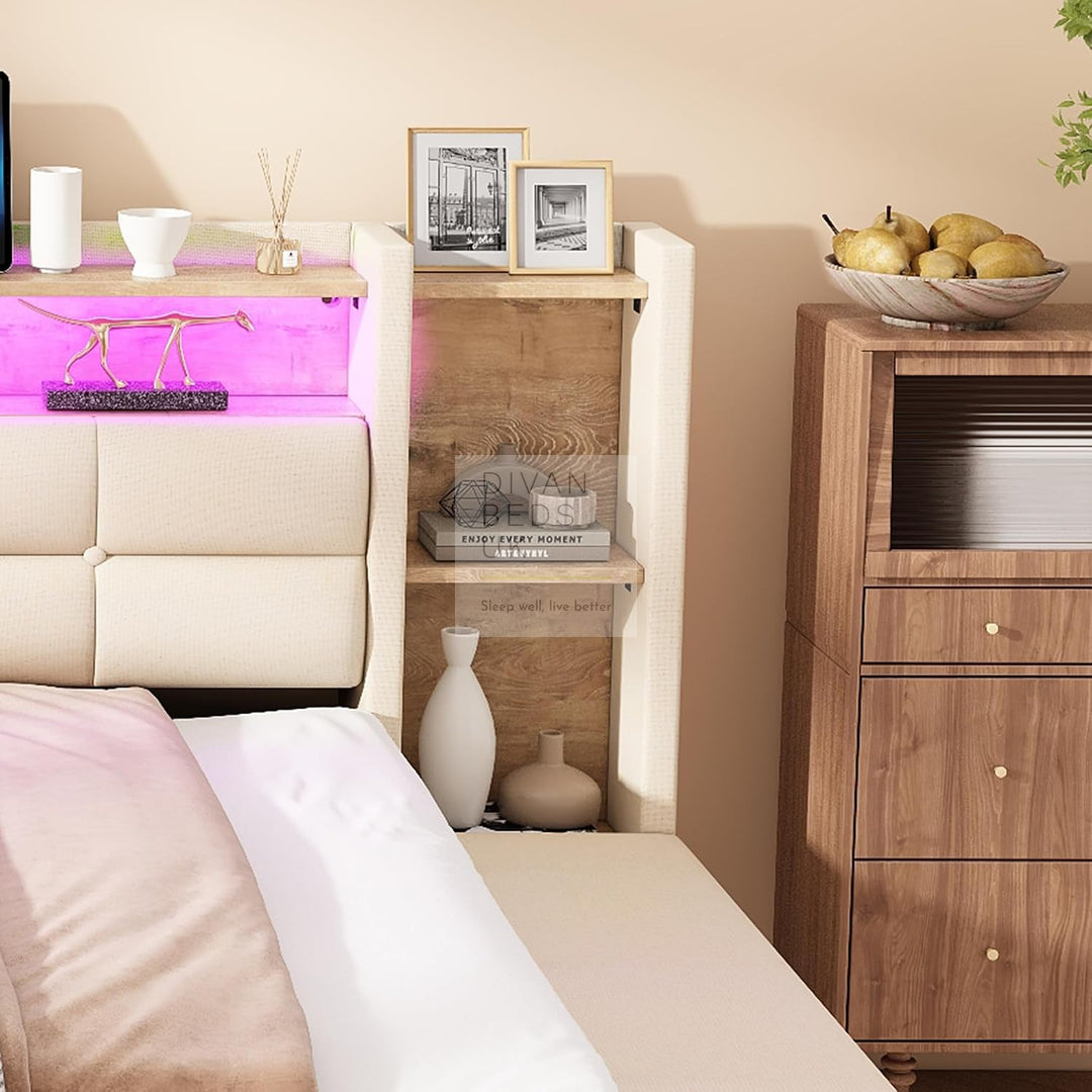 Avayah Beige Linen Smart Daybed Sofa Bed with 2 Drawers, LED Shelves Storage, USB &amp; Type C Charging Station &amp; Storage Box