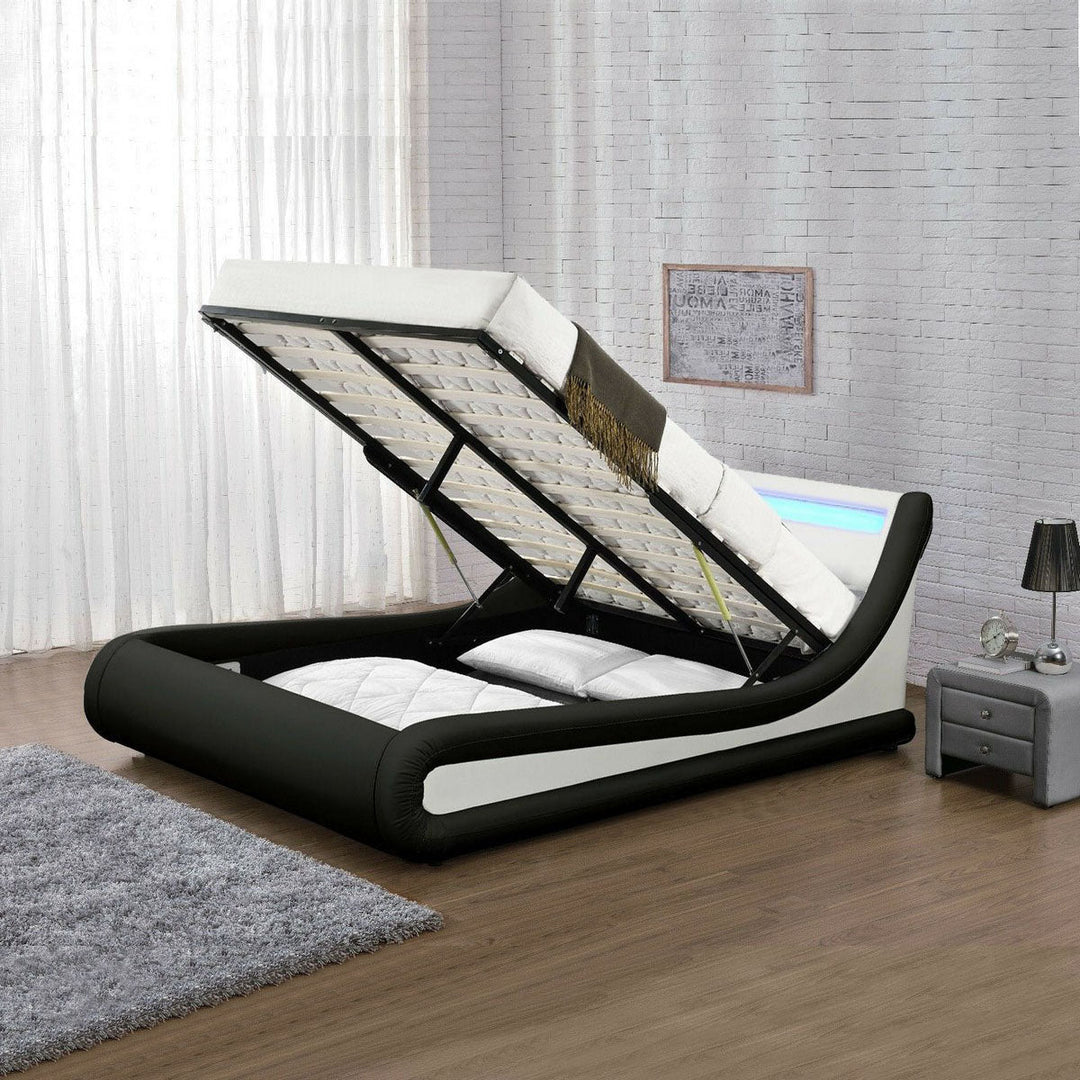 Volo LED Modern White Leather Ottoman Storage Bed