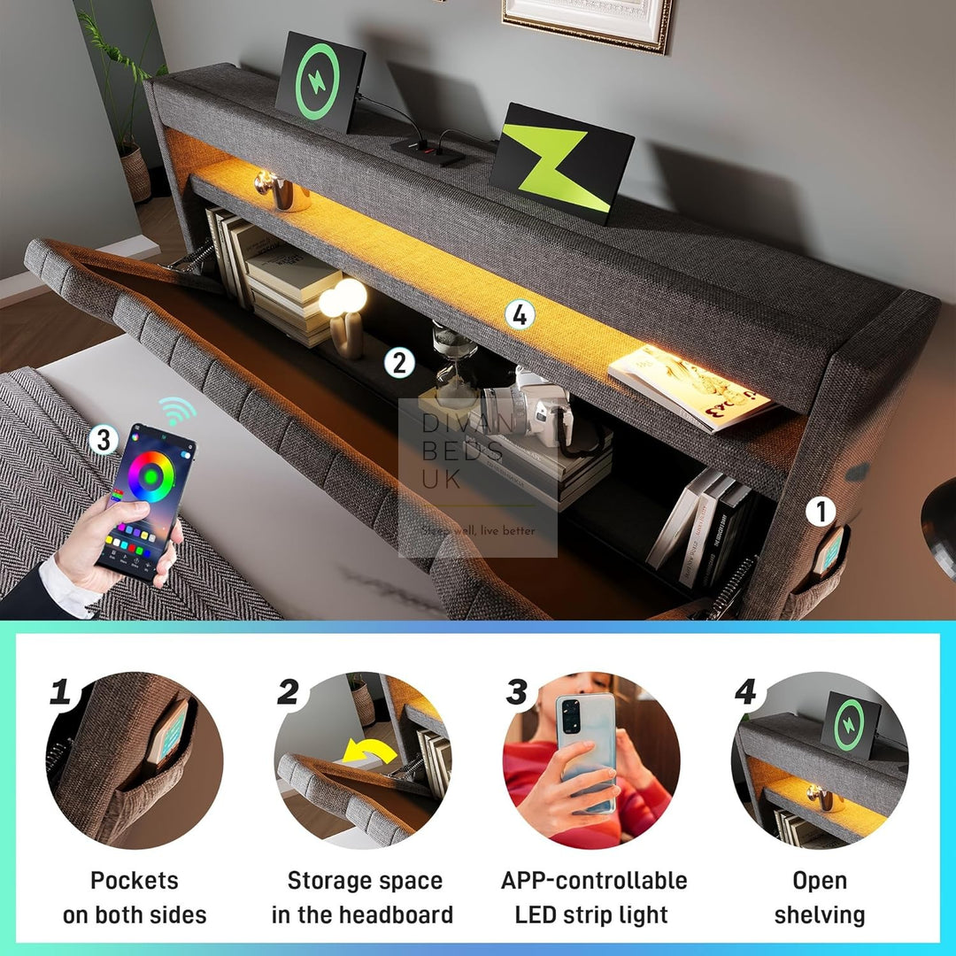 Moreno Grey Linen Wingback Ottoman Storage Smart Bed with Type C, USB & Wireless Charging Headboard Shelves