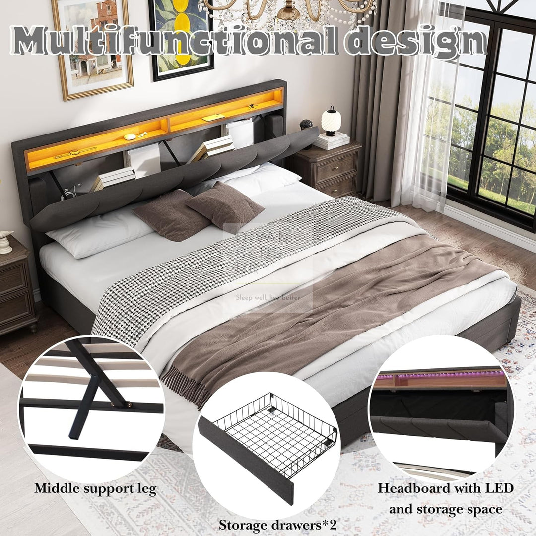 Aarya Charcoal Grey Linen 2 in 1 Drawer Ottoman Storage Bed with LED Lights &amp; Headboard Shelf