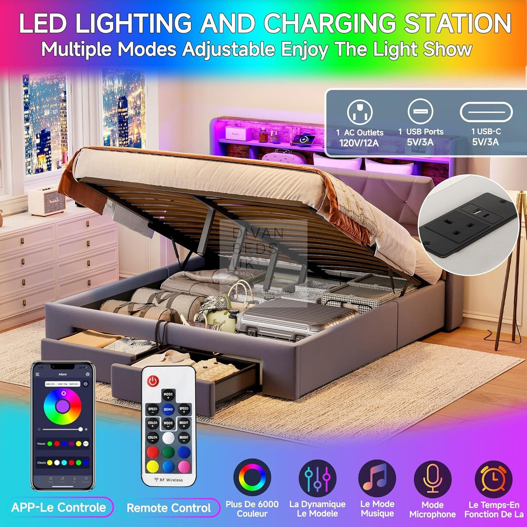 Velasquez Grey Plush Velvet Ottoman Storage Smart Bed with Type C, USB & Socket Charging Headboard Storage Shelves