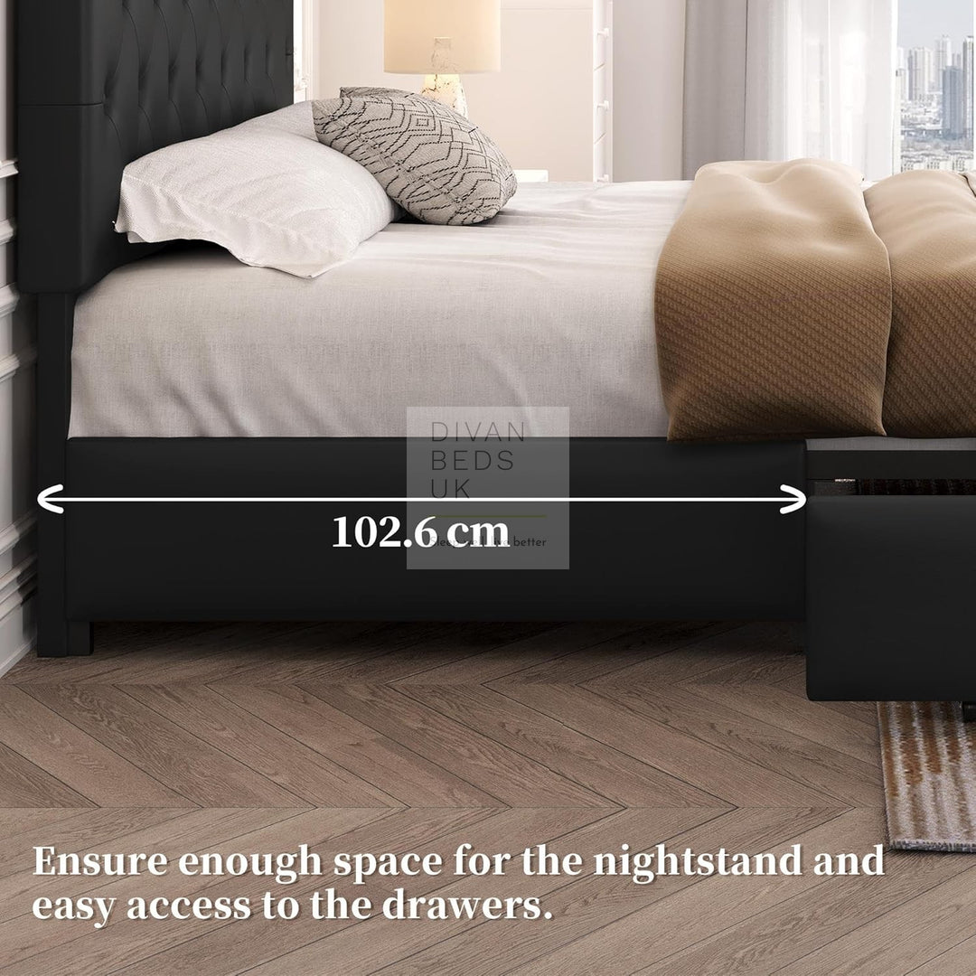 Emma Black Leather 2 Drawer Buttoned Bed Frame