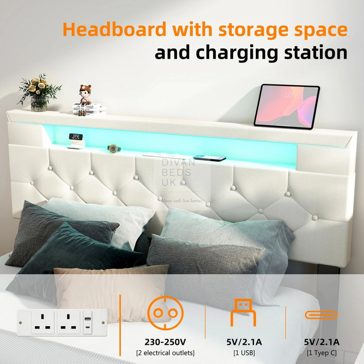 Harmon Beige Linen Smart Bed with 4 Drawer Storage, LED and Charging Station AC Socket, USB, Type C on Headboard Storage Shelf