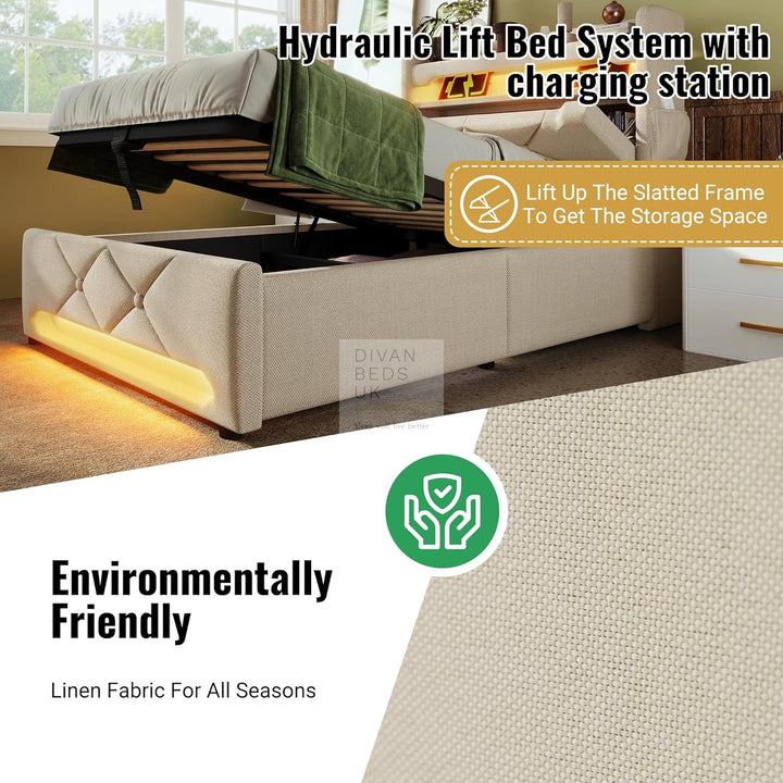 Rylie Beige Linen Wingback Ottoman Storage Smart Bed with Type C, USB & Wireless Charging Headboard Shelves