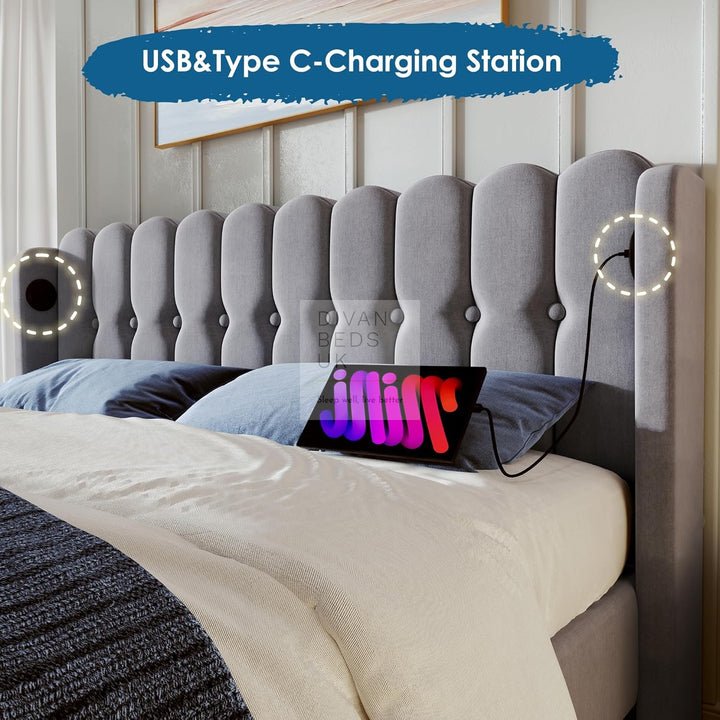 Calabria Wingback Grey Linen Smart Bed with USB & Type-C Charging Stations on Both Sides