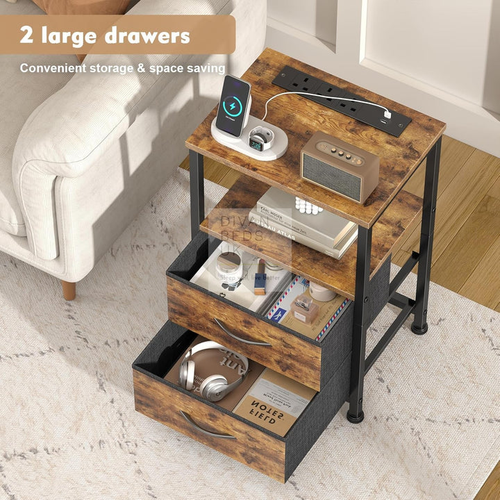 Henry 2 Drawer Rustic Wood and Metal Smart Bedside Table with Shelf