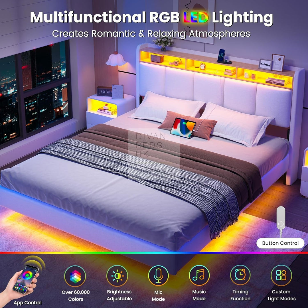 Houston Smart Metal Floating Bed with White Linen Padded Storage Headboard, LED Lights, Plug Sockets, USB &amp; Type C Charging Station