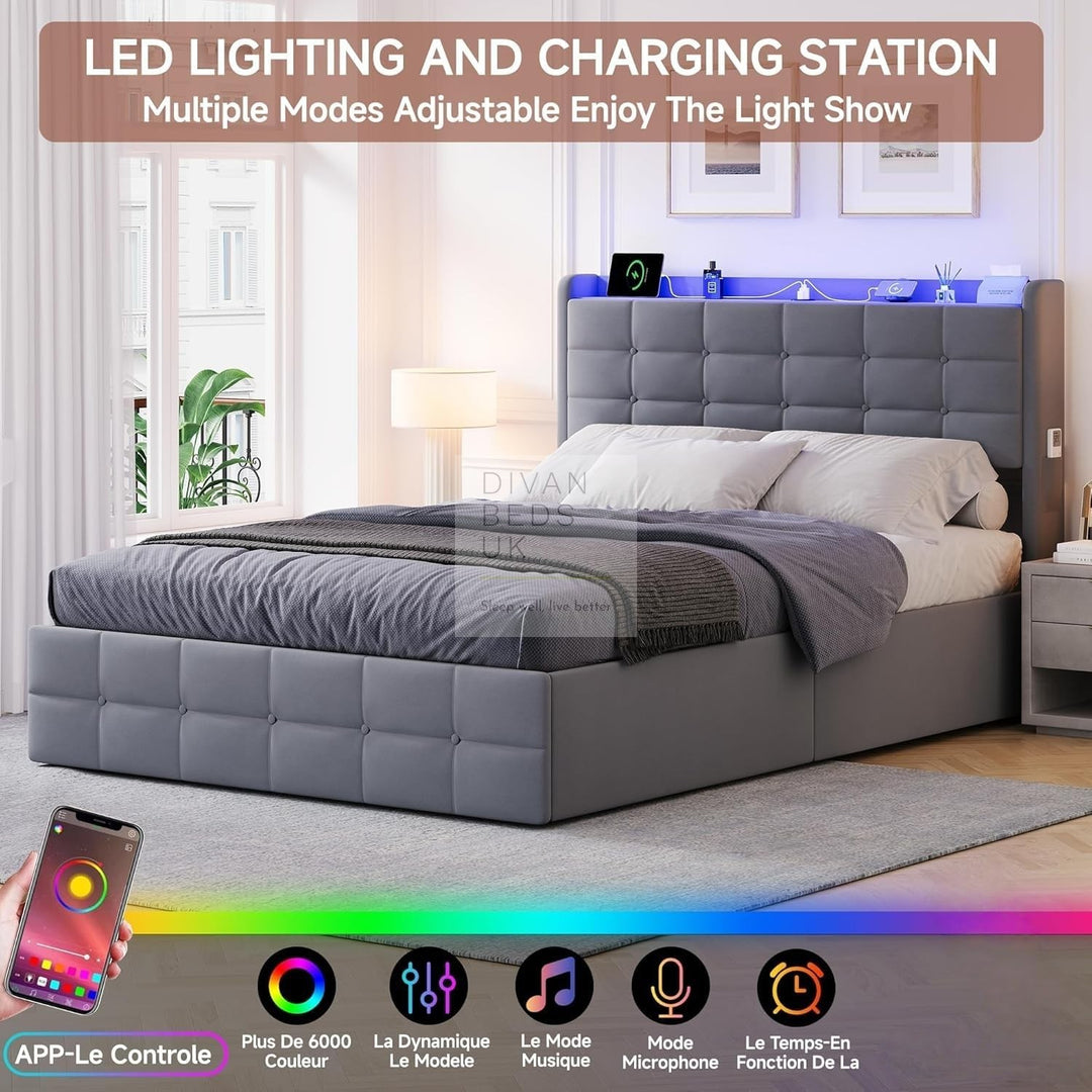 Vicente 4 Drawer Soft Grey Velvet Smart Bed with LED Lights, Type C and USB Charging Adjustable Headboard Shelf