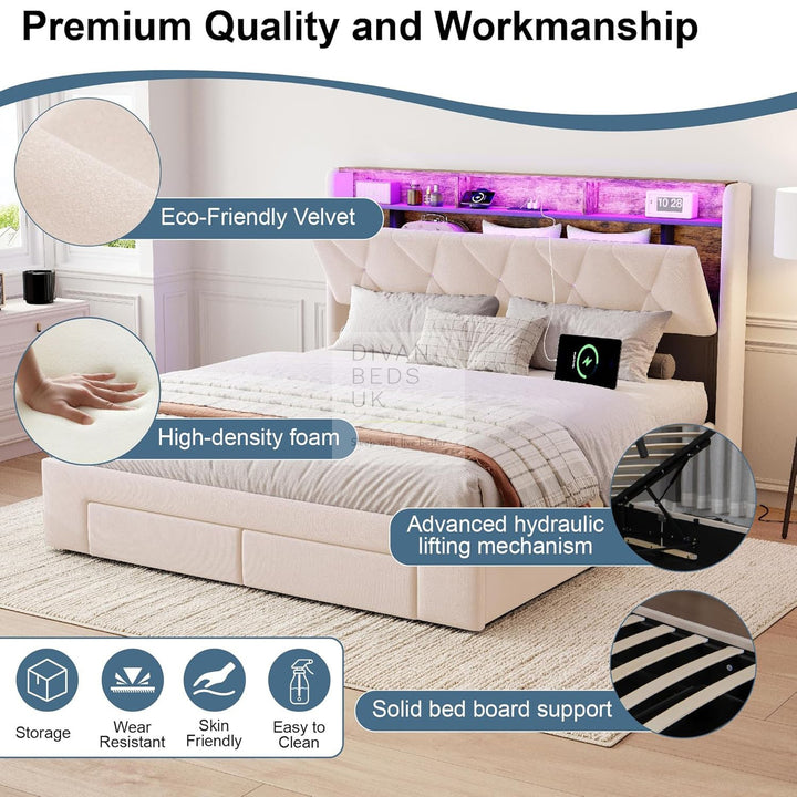 Velasquez Beige Plush Velvet Ottoman Storage Smart Bed with Type C, USB & Socket Charging Headboard Storage Shelves