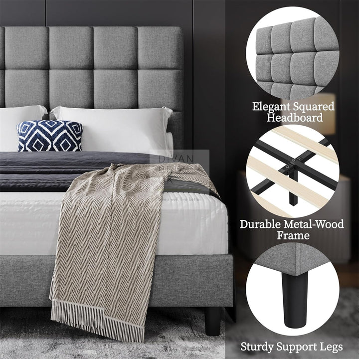 Armando Grey Linen Fabric Upholstered Bed with Adjustable Headboard