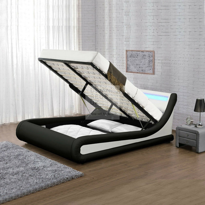 Volo LED Modern Black & White Leather Ottoman Storage Bed