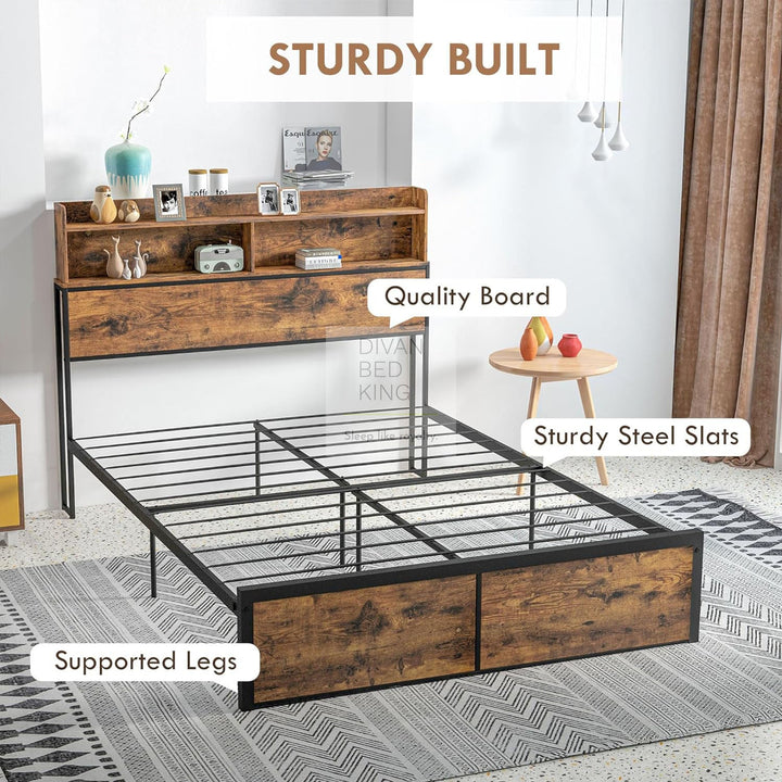 Henry Metal Divan Bed with Headboard Storage, Shelves & Optional Drawers