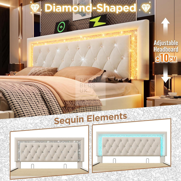 Adela Beige Velvet Diamante Crystal Bed Ottoman Storage Smart Bed with Glitter LED Lights, USB and Type-C Charging