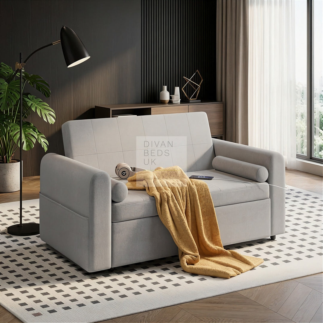 Kimora Grey Linen Smart Daybed Sofa Bed with USB & Type C Charging and Matching Pillows