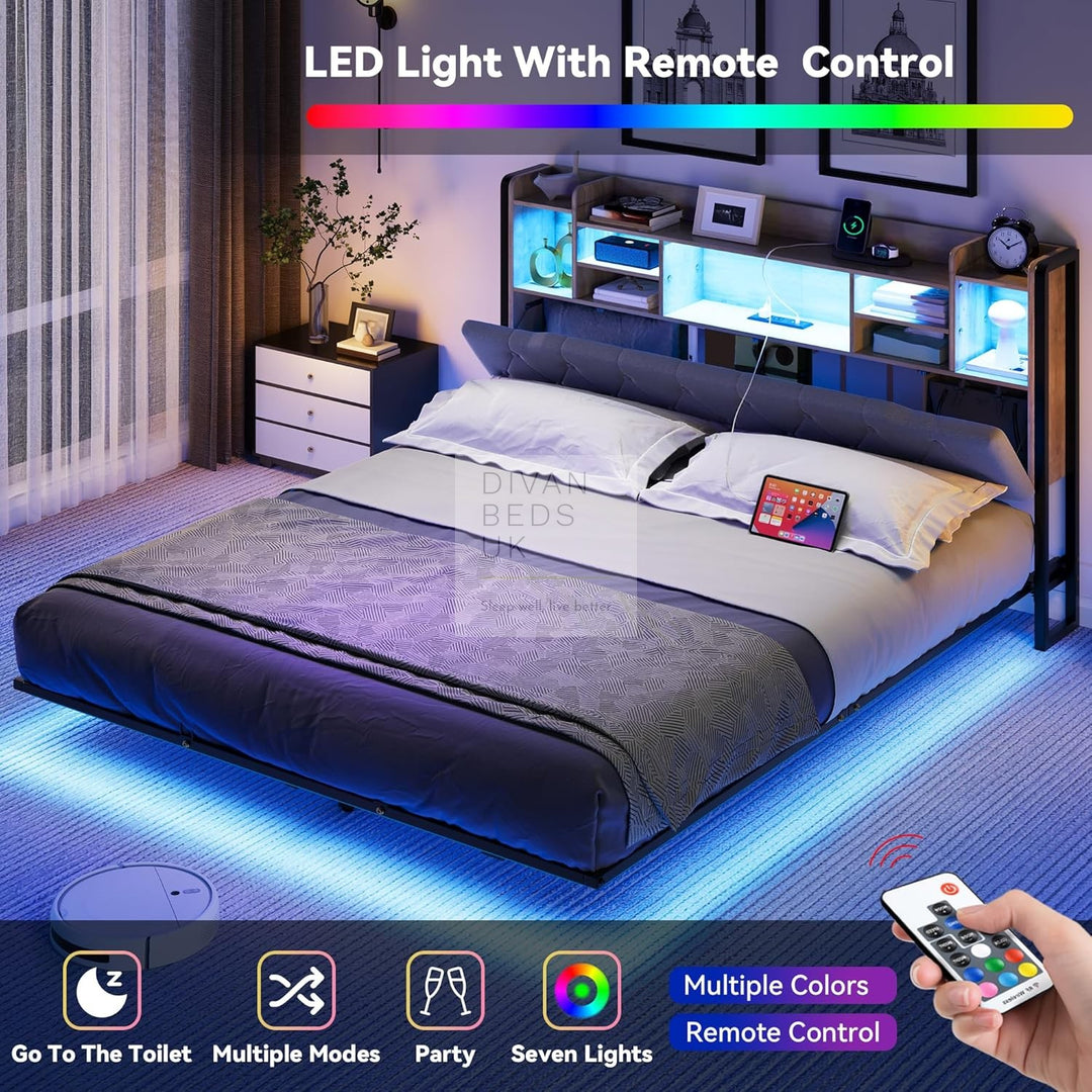 Burton Smart Metal Floating Bed Frame with Grey Padded Storage Headboard, LED Lights, USB, Type C & AC Sockets Charging Station