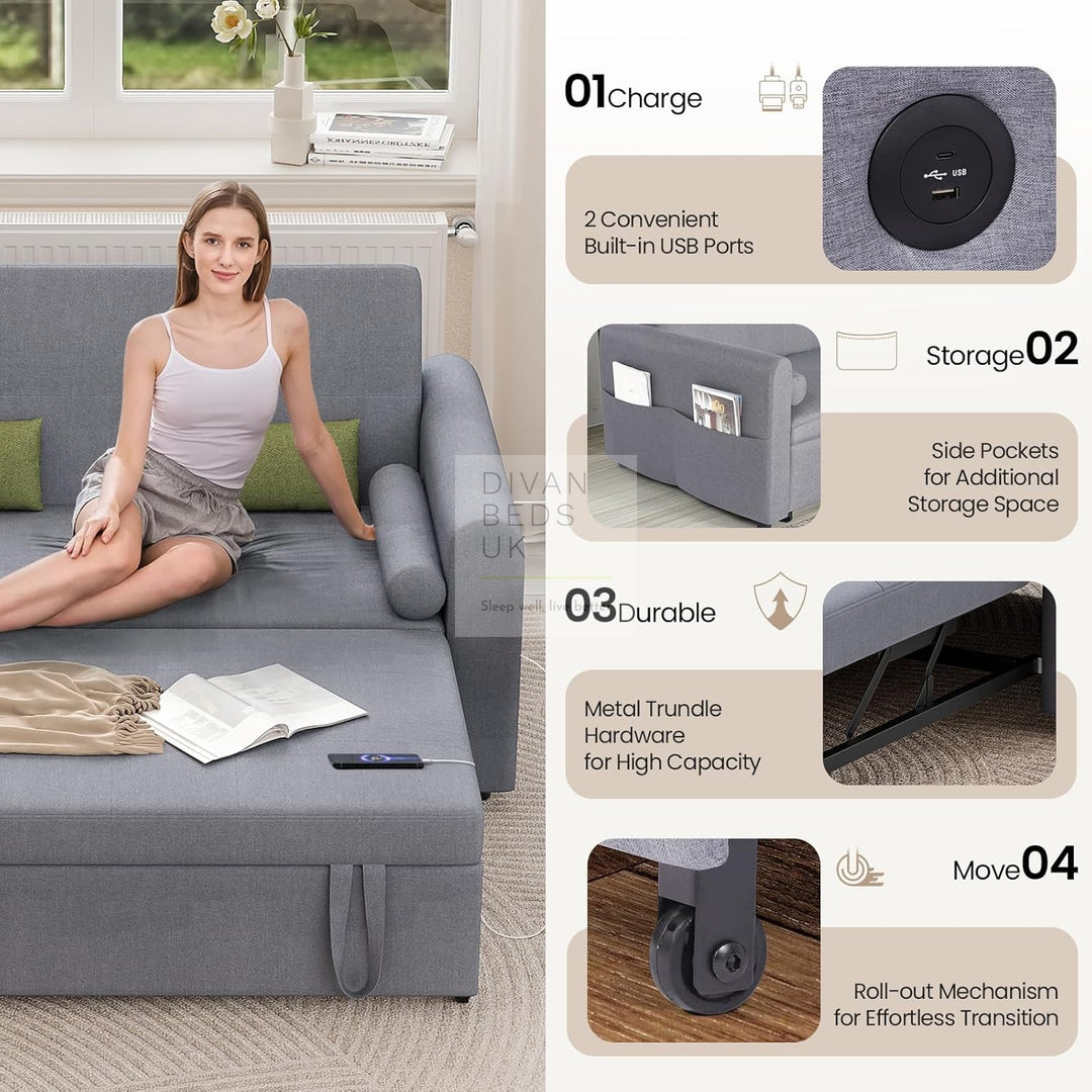 Kimora Dark Grey Linen Smart Daybed Sofa Bed with USB & Type C Charging and Matching Pillows