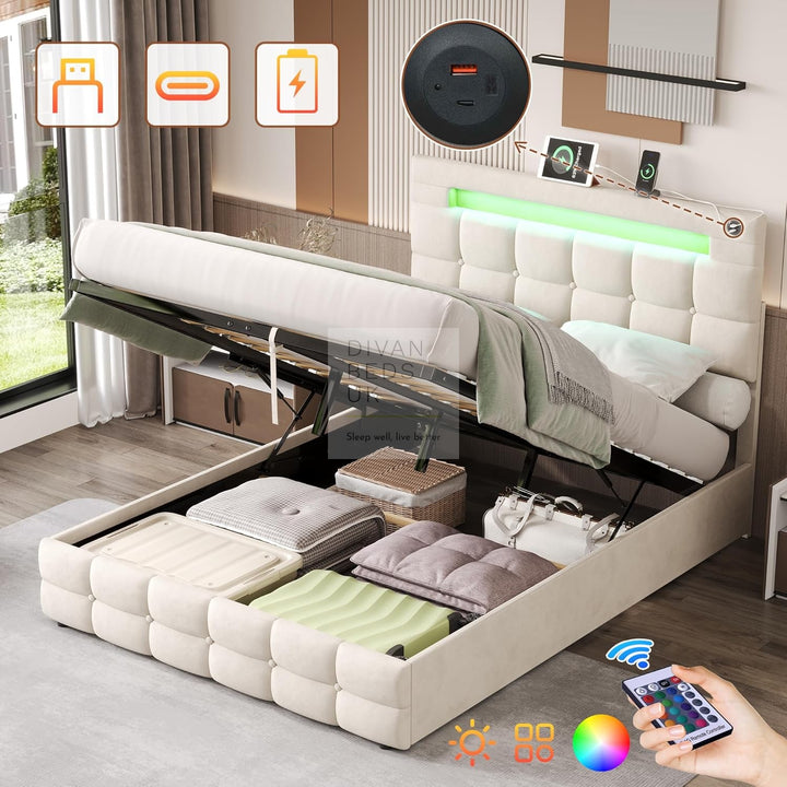 Campania LED Beige Ottoman Storage Bed with Bluetooth Speakers, USB & Type-C Ports - Copy