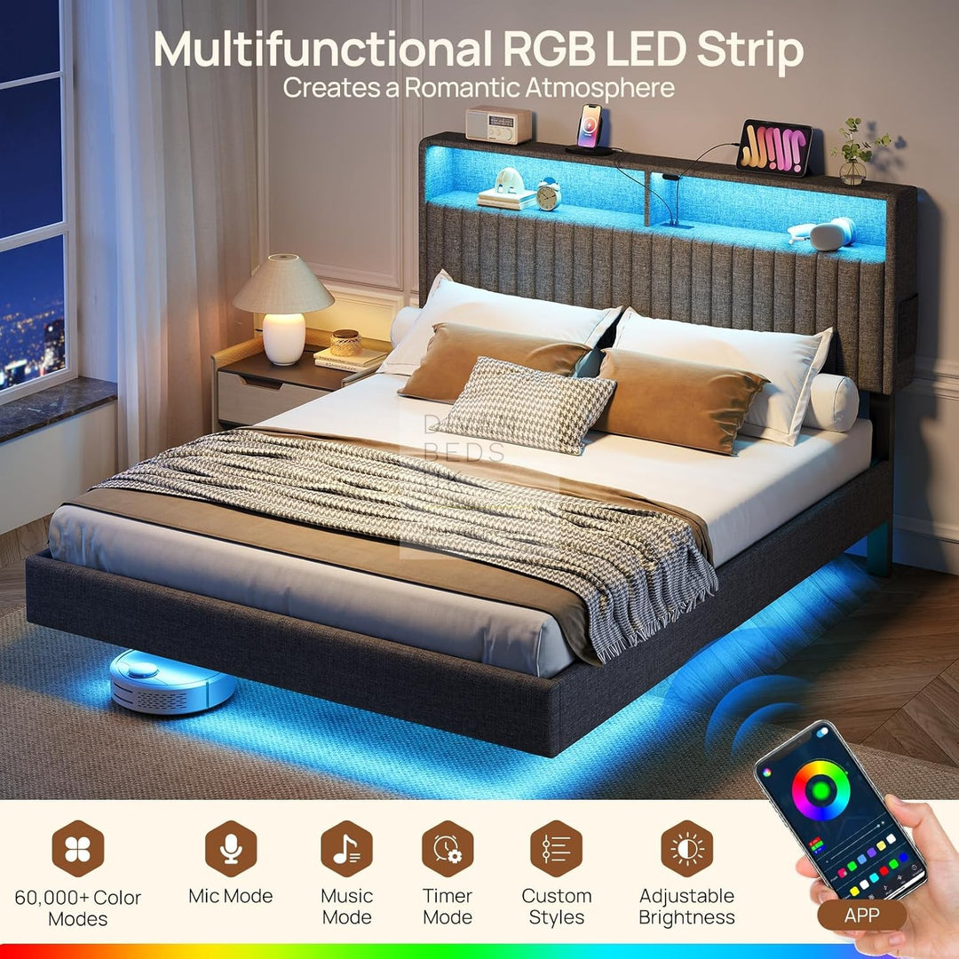 Houston Smart Metal Floating Bed with Grey Linen Padded Storage Headboard, LED Lights, USB & Type C Charging Station