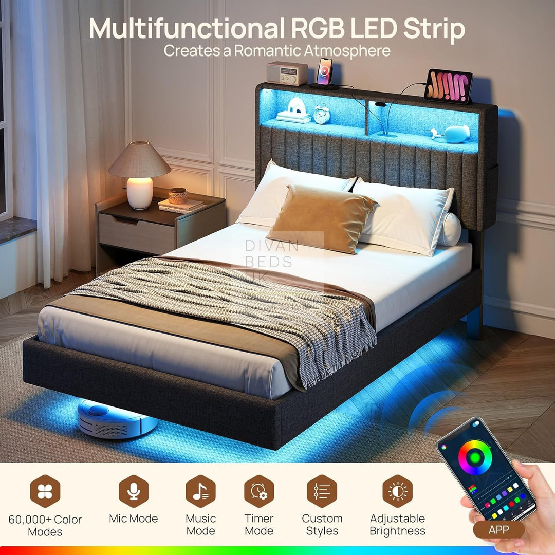 Houston Kids Smart Metal Floating Bed with Grey Padded Storage Headboard, LED Lights, USB & Type C Charging Station