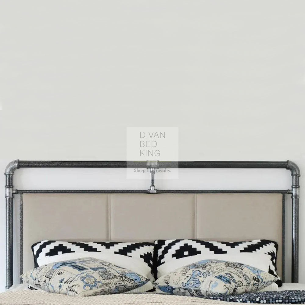 Majesty Grey Scaffold Industrial Metal Bed Frame with Padded Beige Headboard