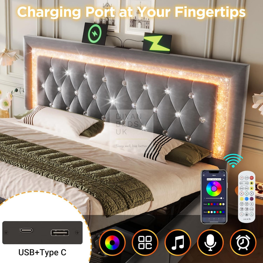 Adela Grey Velvet Diamante Crystal Bed Ottoman Storage Smart Bed with Glitter LED Lights, USB and Type-C Charging