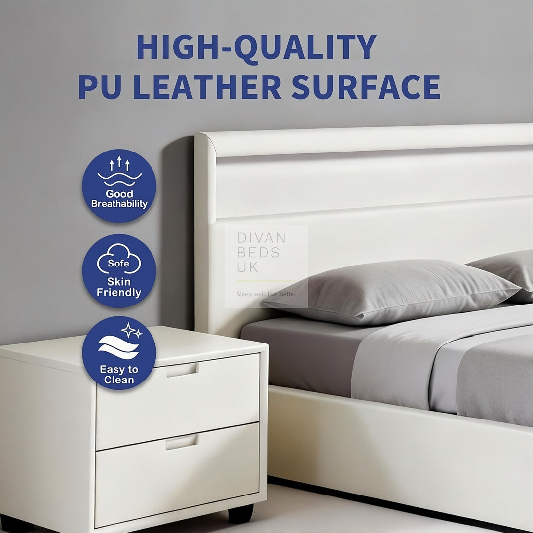 Zena LED White Leather Ottoman Gas Lift Storage Smart Bed