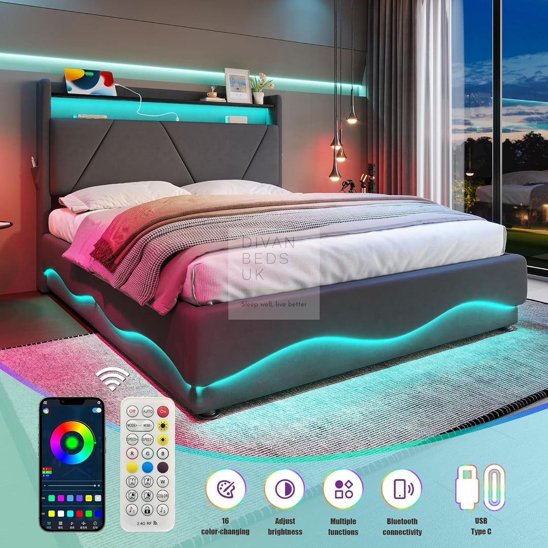 Aviana Wave LED Grey Velvet Ottoman Storage Bed Frame with USB Type C Charging Station on Headboard Storage Shelf