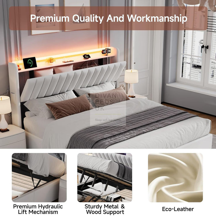 Mauricio White Leather Ottoman Smart Bed with LED Headboard Storage Charging Station, Socket, USB and Type C Port