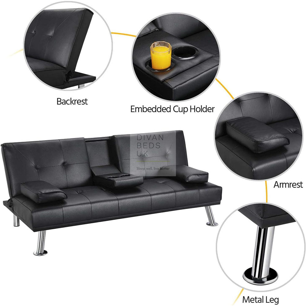 Francesca Black Leather Sofa Bed with Pillows and Cupholders