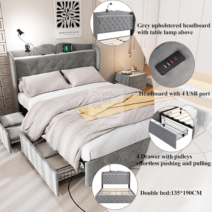 Kendra Grey Velvet Smart Wingback Bed with 4 Drawer Storage with Charging Station USB / Type C & Lamp on Headboard Storage Shelf