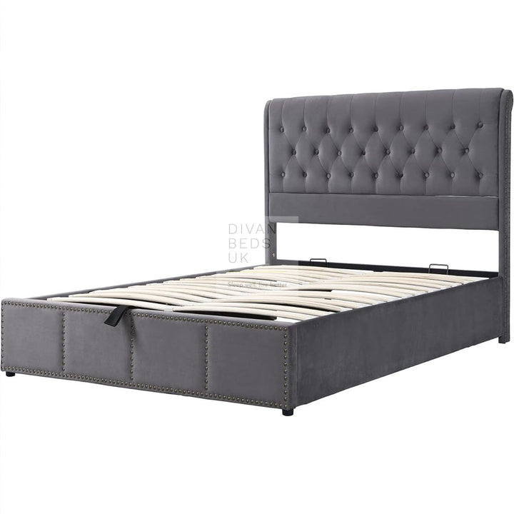 Dangelo Luxury Grey Plush Velvet Sleigh Bed Frame with Optional Storage Box