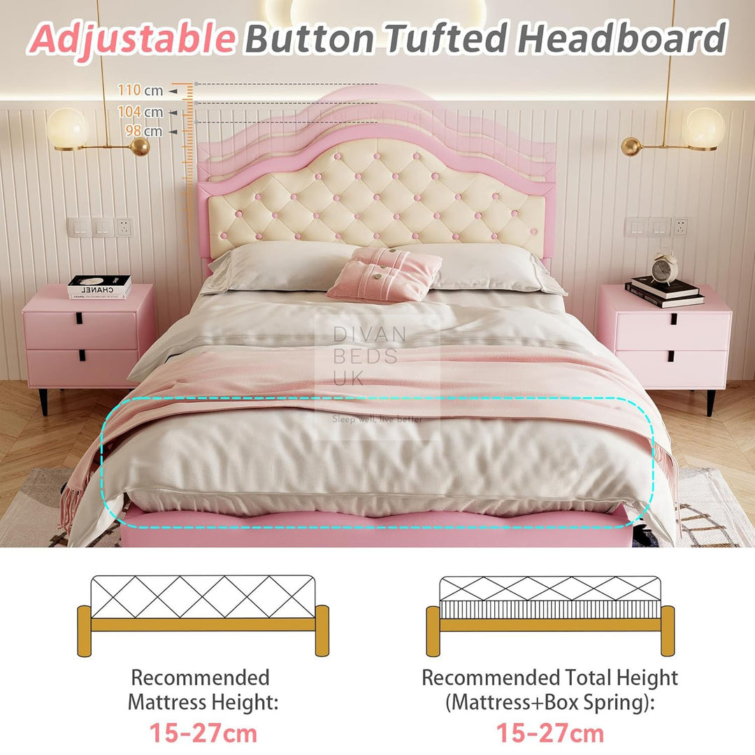 La Ville Rose Chesterfield Pink Beige Plush Bed Frame with Adjustable Headboard