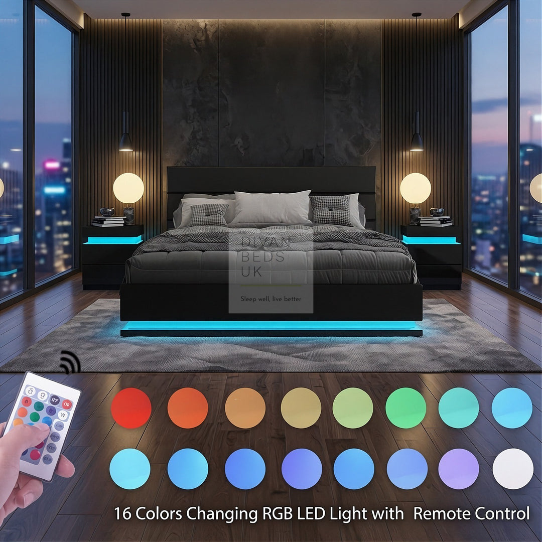 Averie LED Black Leather Ottoman Gas Lift Storage Smart Bed