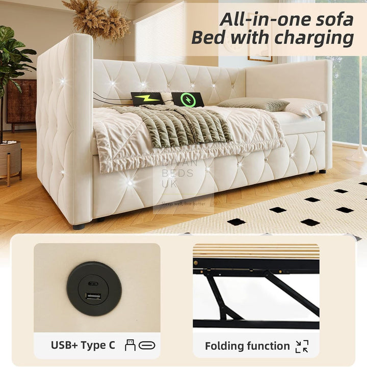Taranto Beige Velvet Diamante Crystal Smart Daybed Sofa Bed Couch with Trundle, Charging Station, USB & Type C Ports