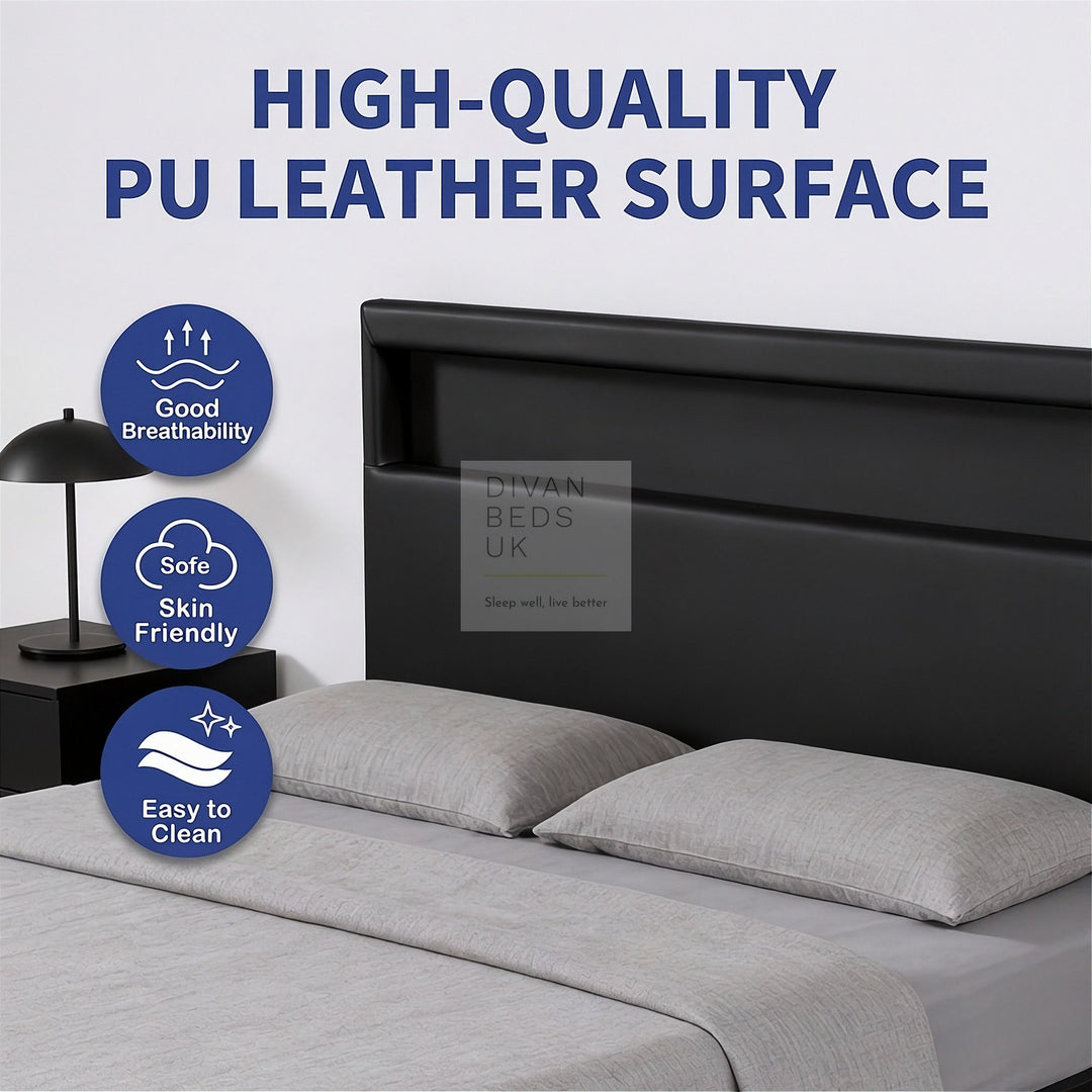 Zena LED Black Leather Ottoman Gas Lift Storage Smart Bed
