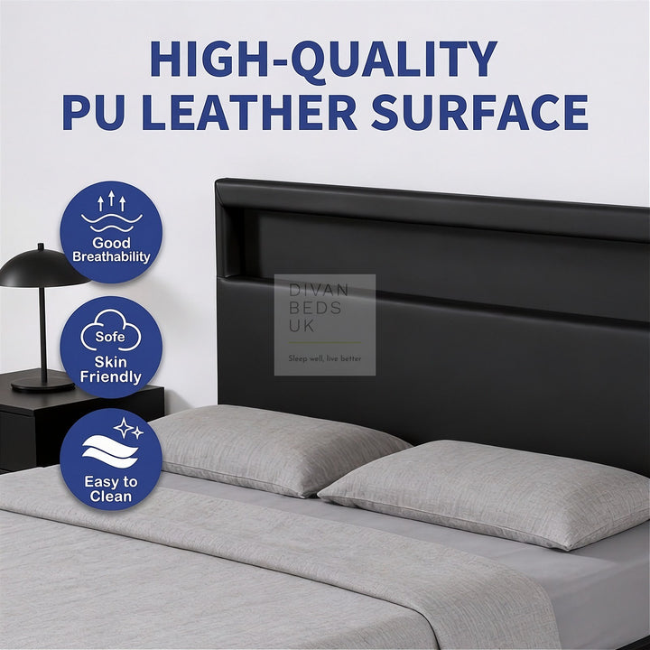Zena LED Black Leather Ottoman Gas Lift Storage Smart Bed