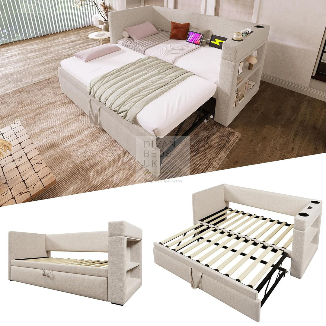 Laylani Beige Linen Smart Daybed Sofa Bed with Shelves Storage, USB & Type C Charging Station & Trundle