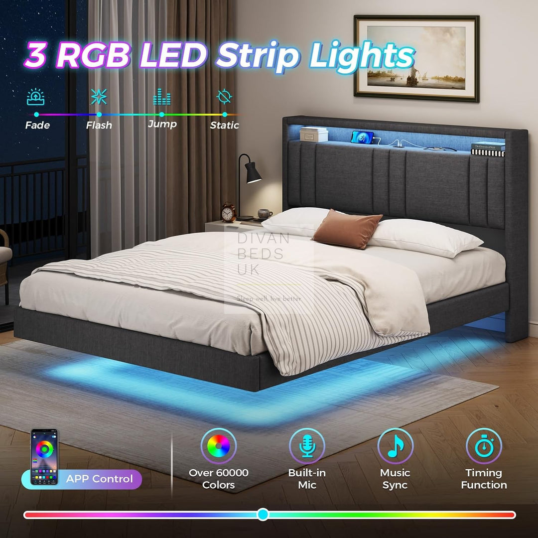 Everleigh Grey Linen Floating Bed Frame with Padded Storage Wing Headboard, LED Lights, USB & Type-C Charging Station