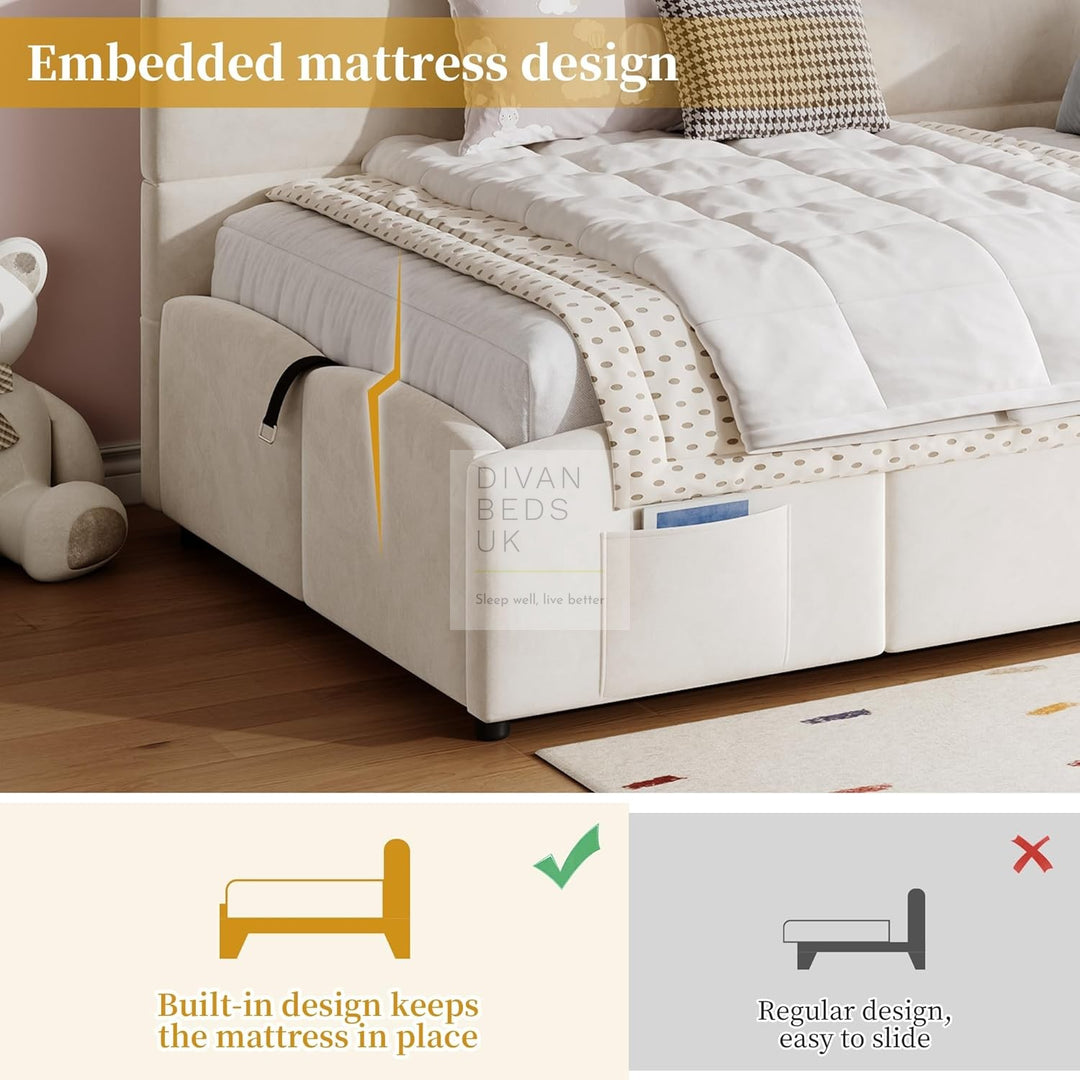 Amaia Beige Plush Velvet Smart Ottoman Storage Daybed Sofa Bed Couch with Charging Station, USB & Type C Ports