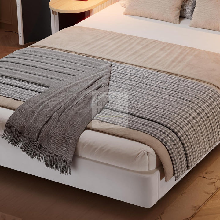Nuragas Oversized Headboard Beige Velvet Bed Frame with Integrated Lighting & 2 Bedside Tables