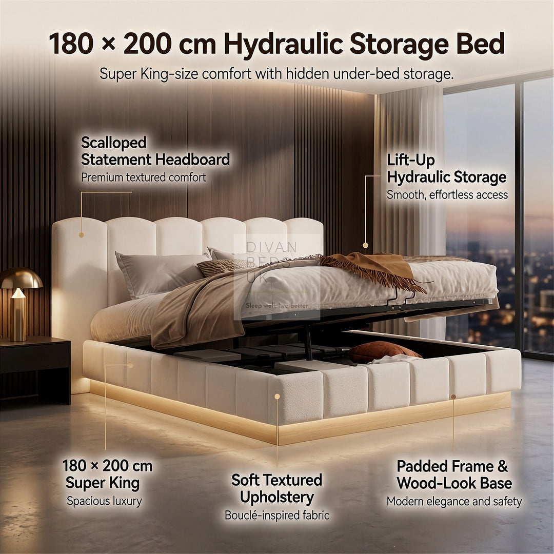 Paloma Oversized Headboard White Boucle Teddy Ottoman Storage Bed with LED Lights