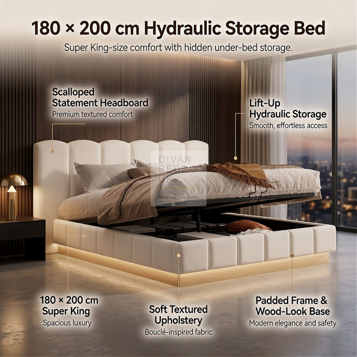 Paloma Oversized Headboard White Boucle Teddy Ottoman Storage Bed with LED Lights