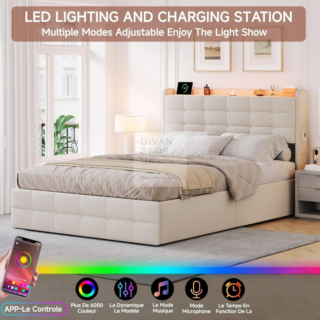 Vicente 4 Drawer Soft Beige Velvet Smart Bed with LED Lights, Type C and USB Charging Adjustable Headboard Shelf