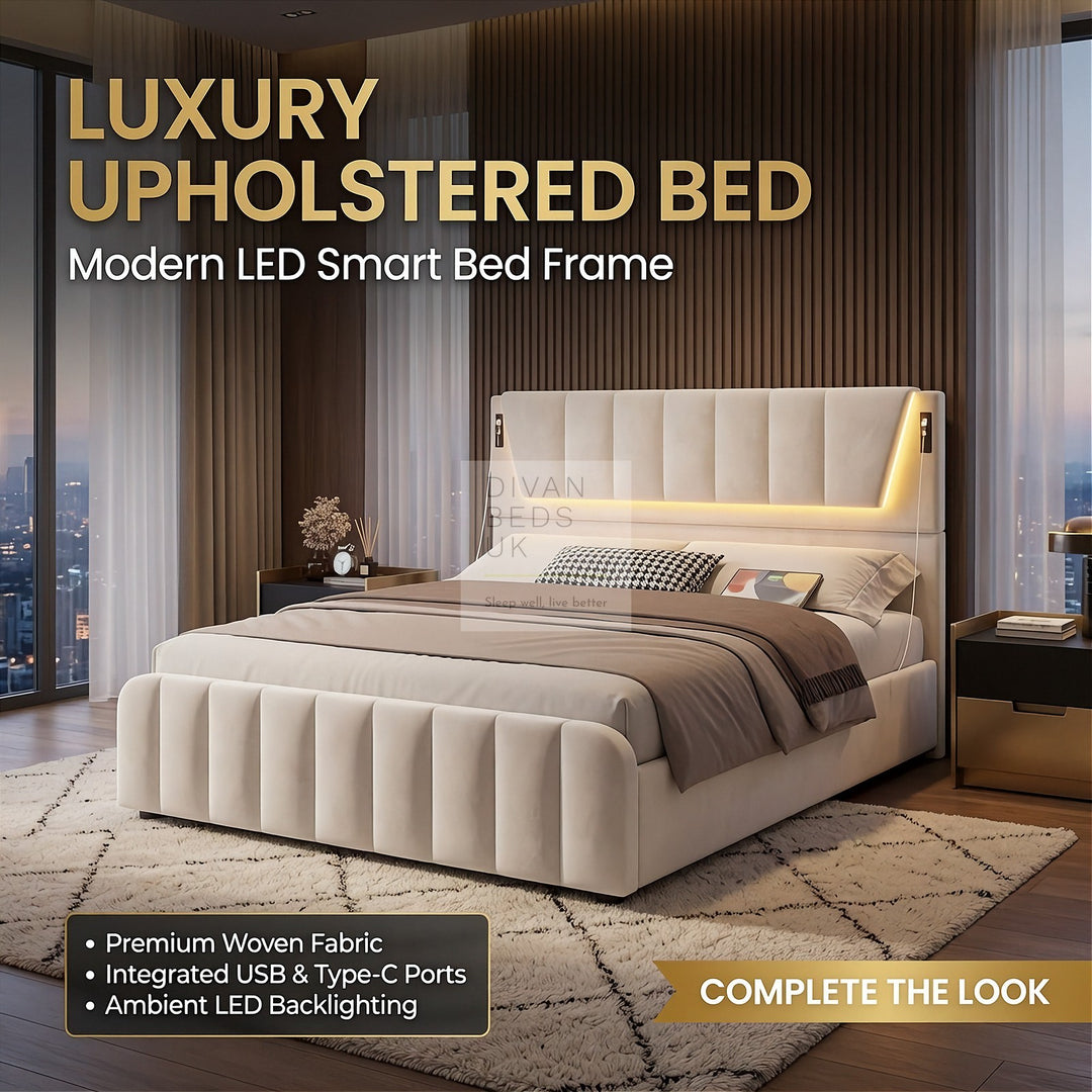 Kamari Ottoman Storage Beige Plush Velvet Smart Bed with with LED Lights, USB and Type-C Charging
