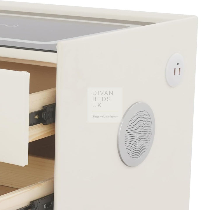 Elara White 3 Drawer Smart LED Bedside Table with Bluetooth Speakers, Fingerprint Lock, USB, Type C and Wireless Charging