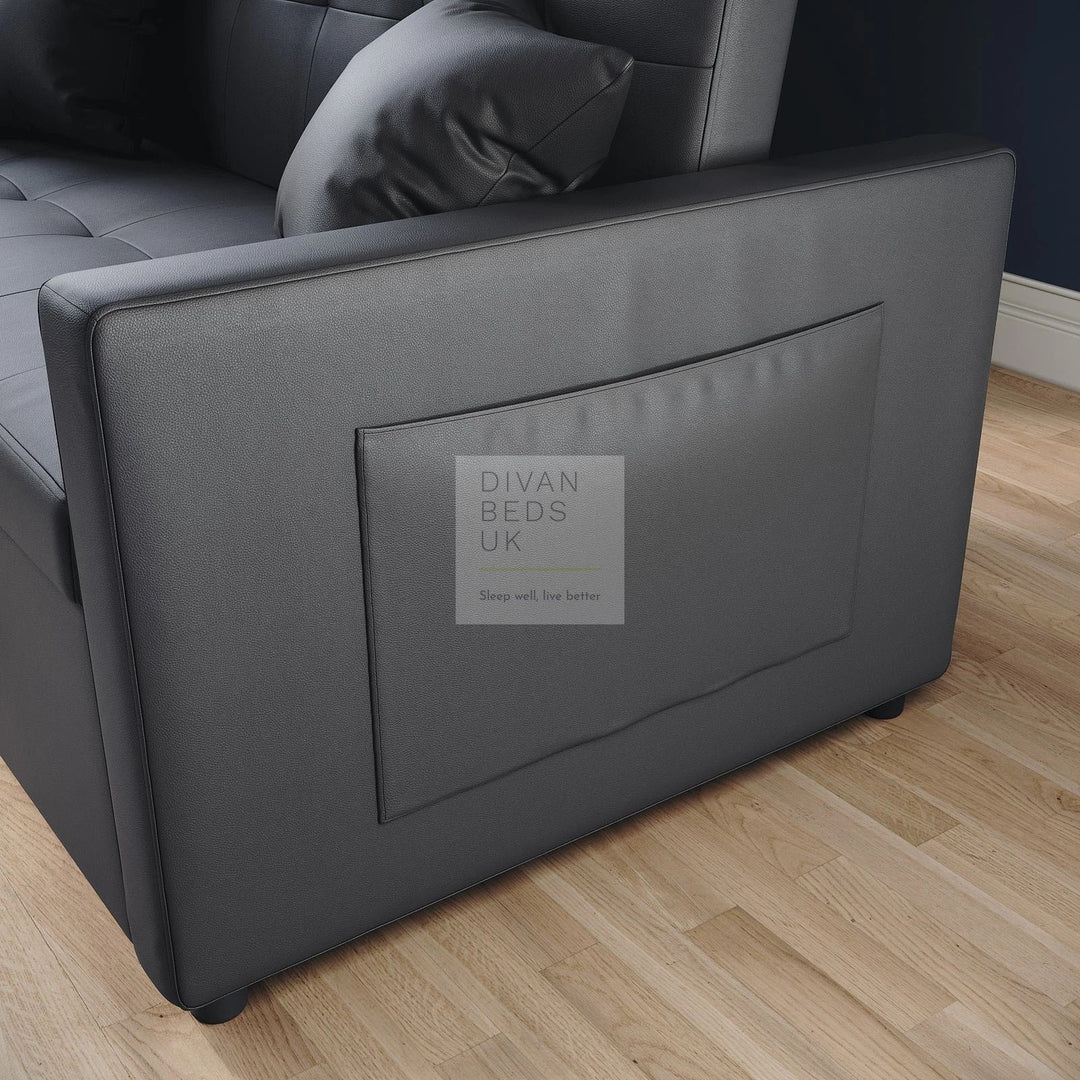 Santana Ash Grey Leather Daybed Sofa Bed Couch with Sidepockets & 2 Matching Pillows